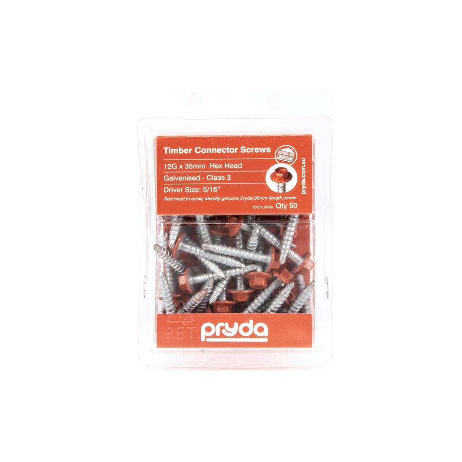 Pryda 12G x 35mm Galvanised Class 3 Hex Head Timber Connector Screw - 50 Pack