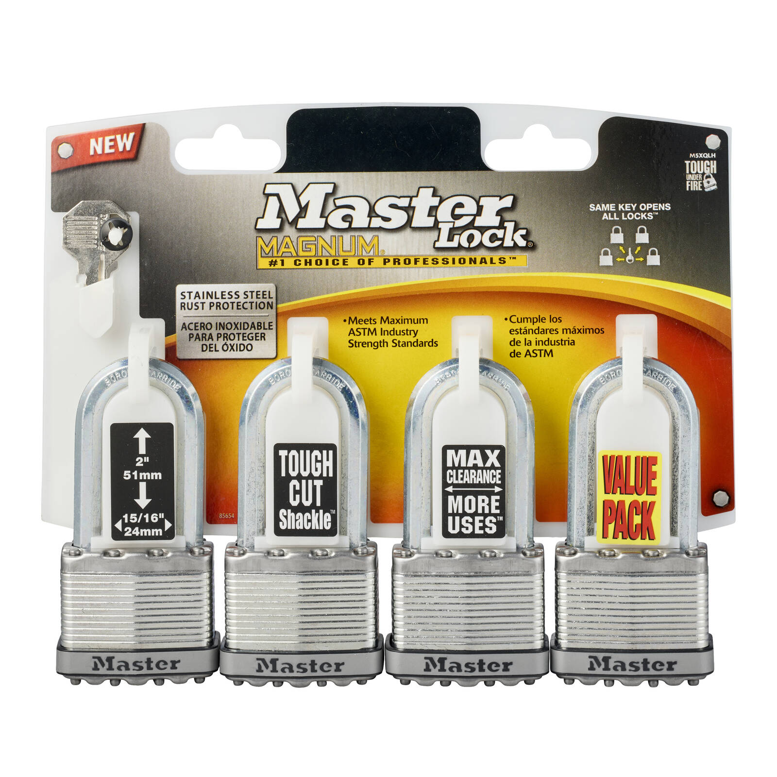 Master Lock Magnum 51mm Long Shackle Laminated Steel Padlock - 4 Pack