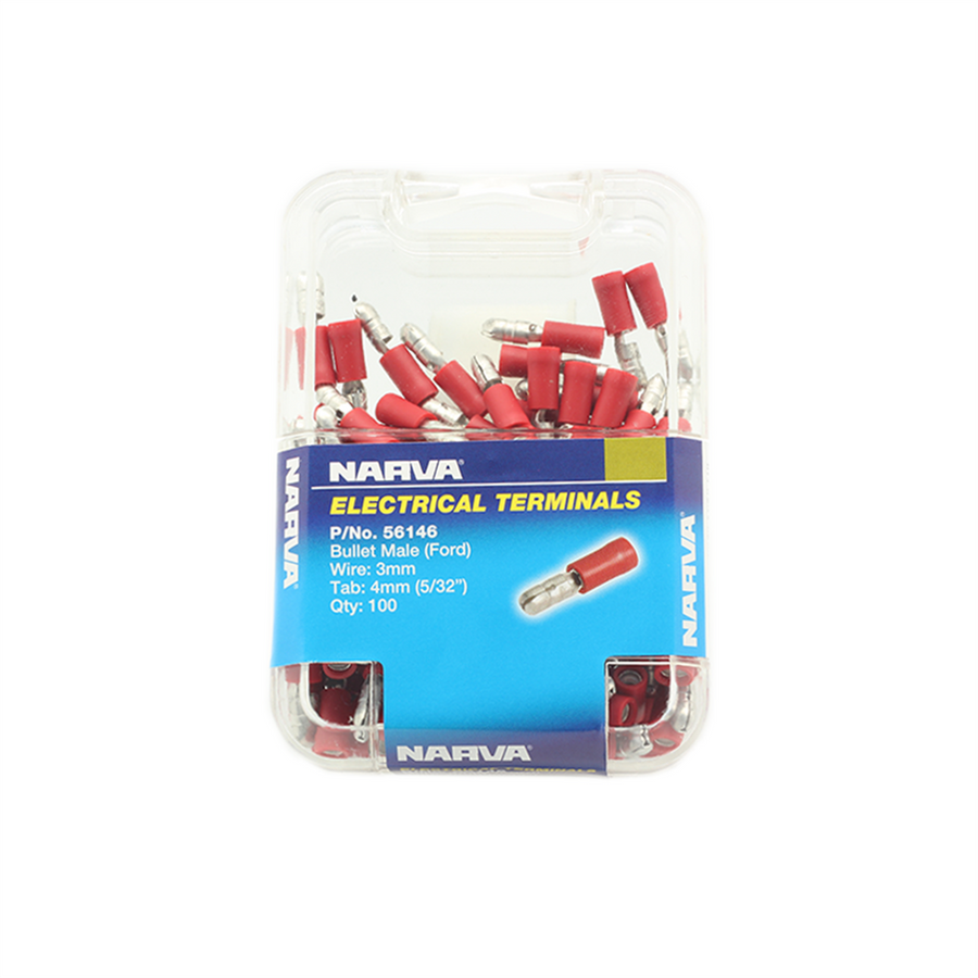 Narva Red Male Bullet Terminal 2.5-3mm 4mm Flared Vinyl 100 Pack - SuperSaverAU - view 1