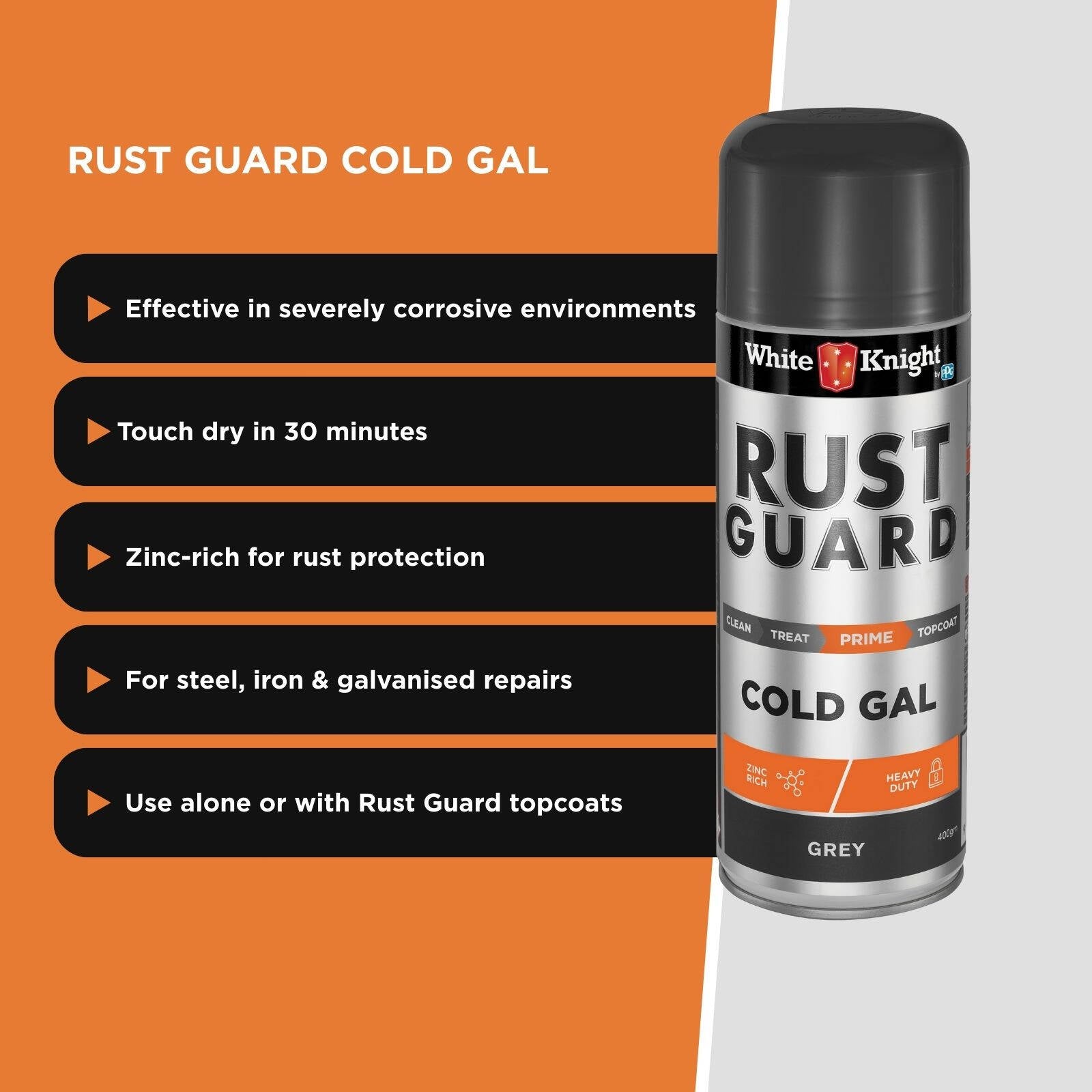 White Knight Rust Guard 400g Grey Cold Gal Zinc-Rich Galvanising Primer Spray Paint