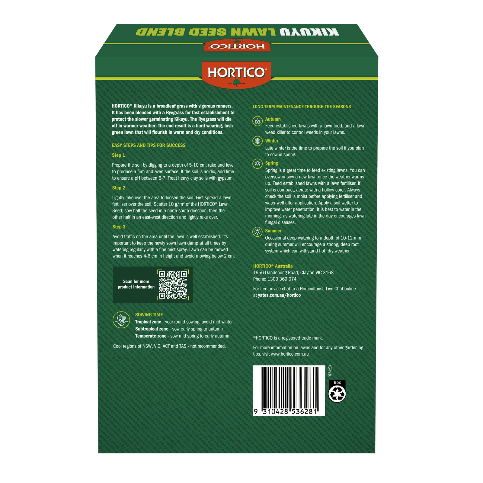 Hortico 500g Kikuyu Lawn Seed Blend, Drought Tolerant Warm Season Grass, Covers 50sqm