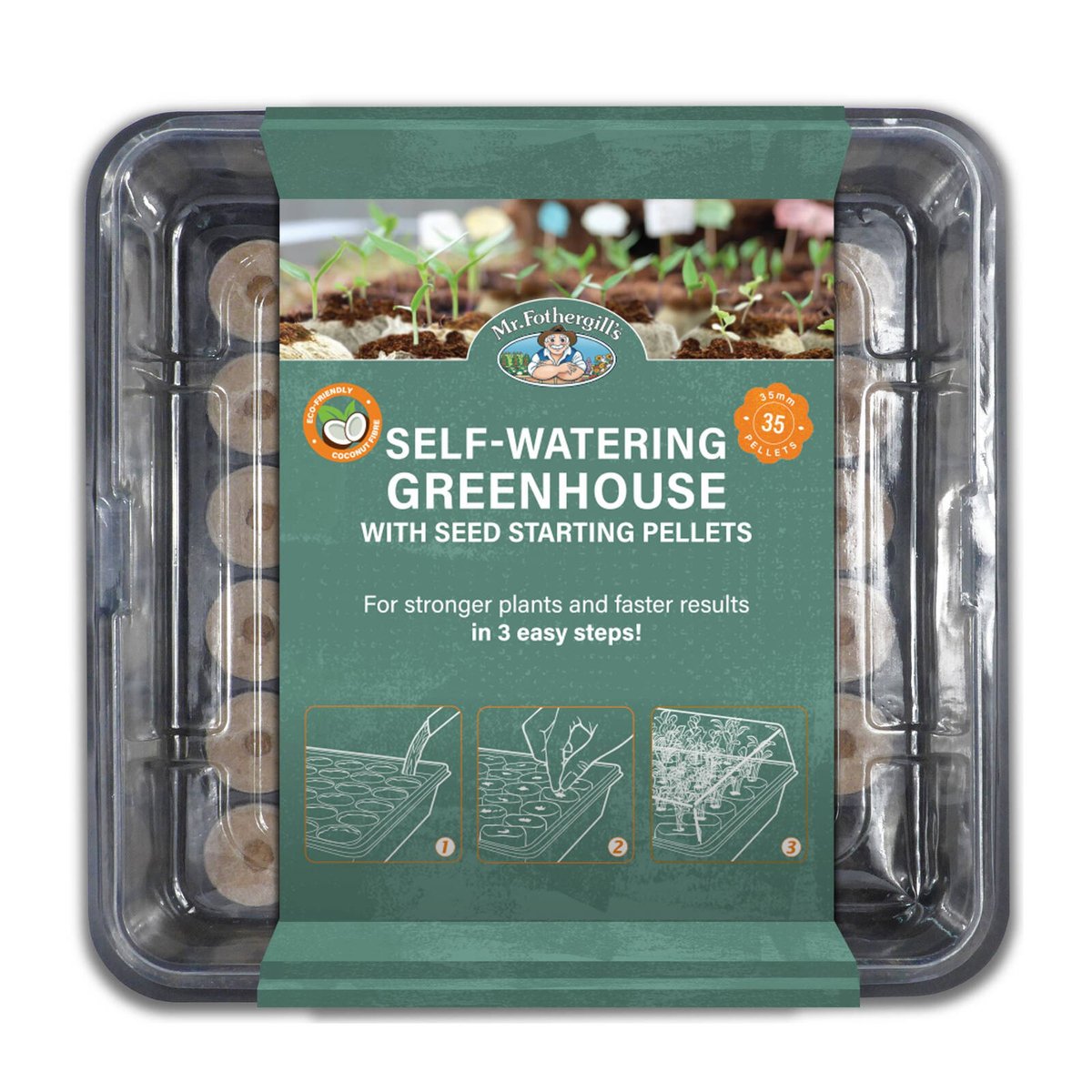 Mr Fothergill S 35 Cell Self Watering Coco Fibre Propagation Greenhouse - 600mm x 200mm x 400mm - Green - Promotes Healthy Root Development - SuperSaverAU - view 1