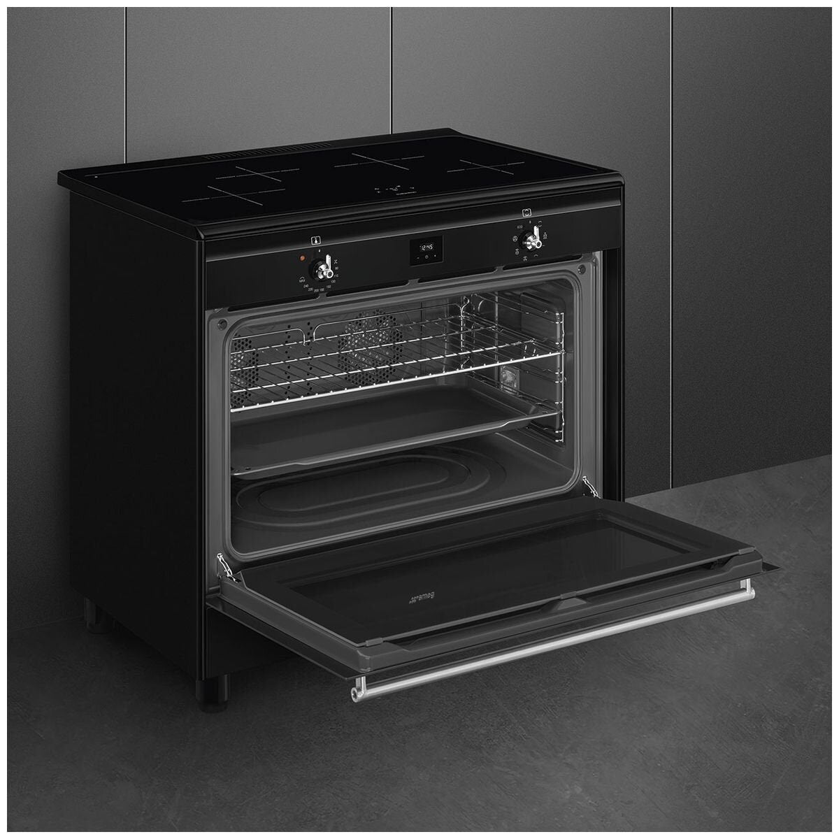 Smeg 90cm Freestanding Induction Oven - Black, Four Zone Cooktop, Vapour Clean - CX91IMBL