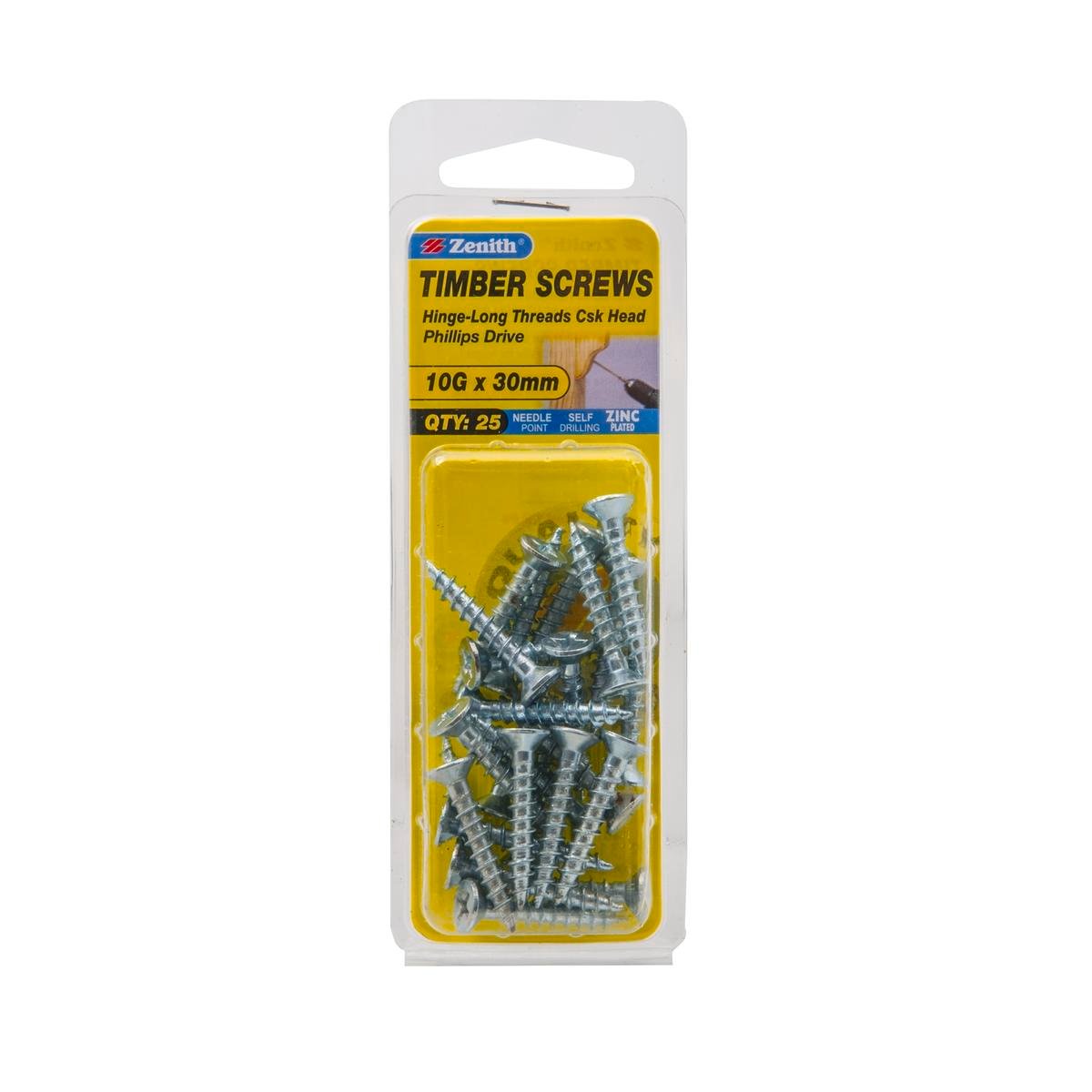 Zenith Hinge Longthread Screw - 10g x 30mm - Zinc Plated - Countersunk - 25 Pack - SuperSaverAU - view 1