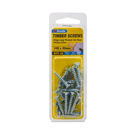 Zenith Hinge Longthread Screw - 10g x 30mm - Zinc Plated - Countersunk - 25 Pack - SuperSaverAU - view 1