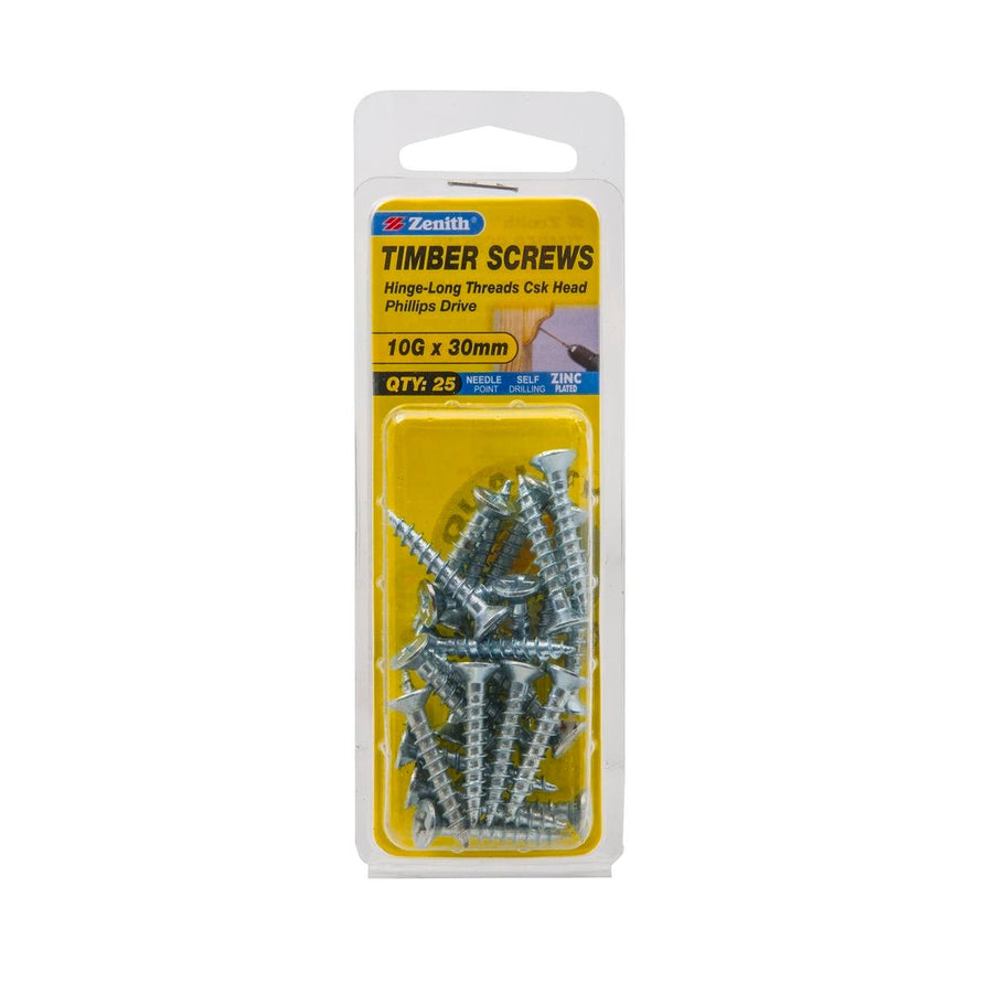Zenith Hinge Longthread Screw - 10g x 30mm - Zinc Plated - Countersunk - 25 Pack - SuperSaverAU - view 1