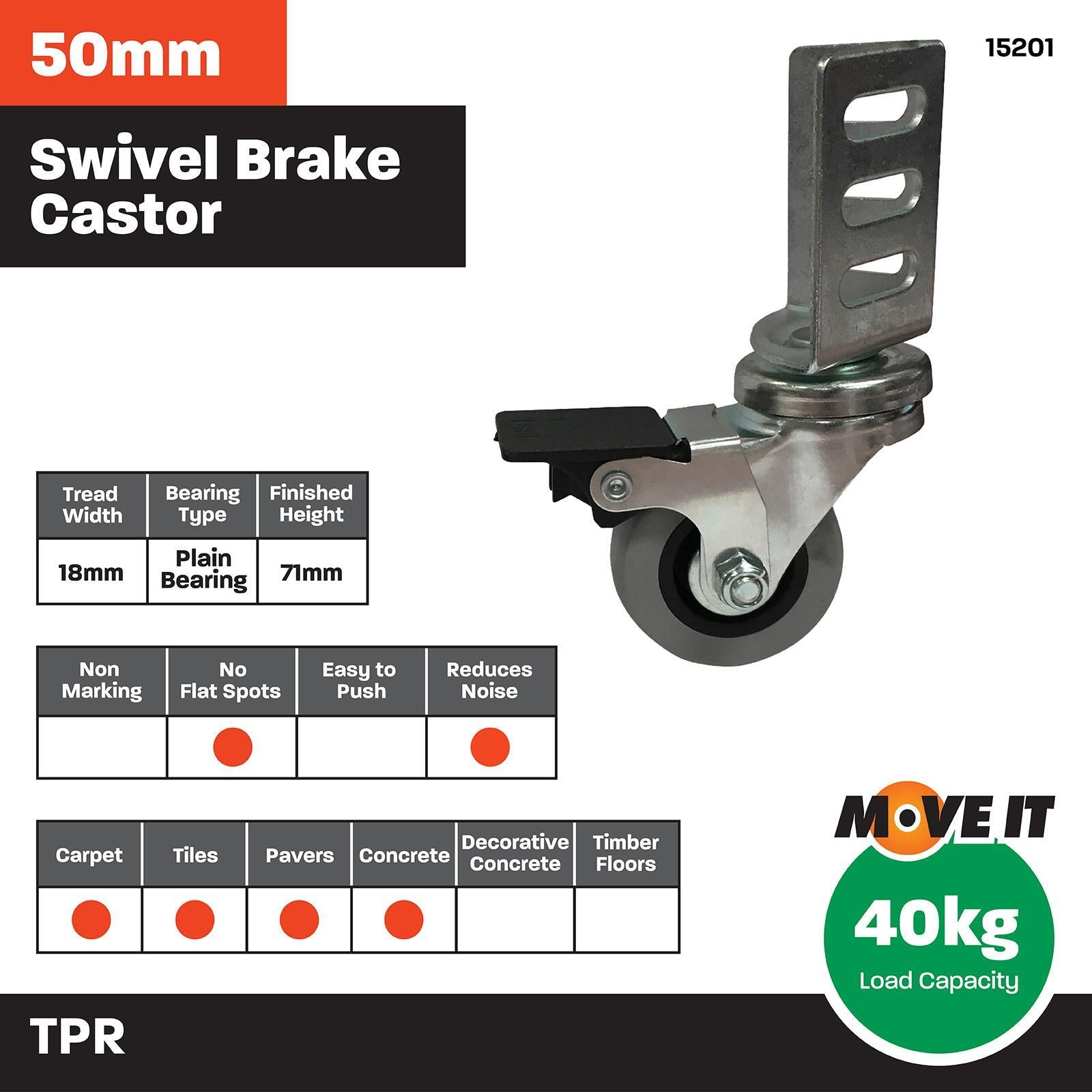 Move It 50mm Grey TPR Swivel Brake Angle Plate Castor, 40kg, 2 Pack