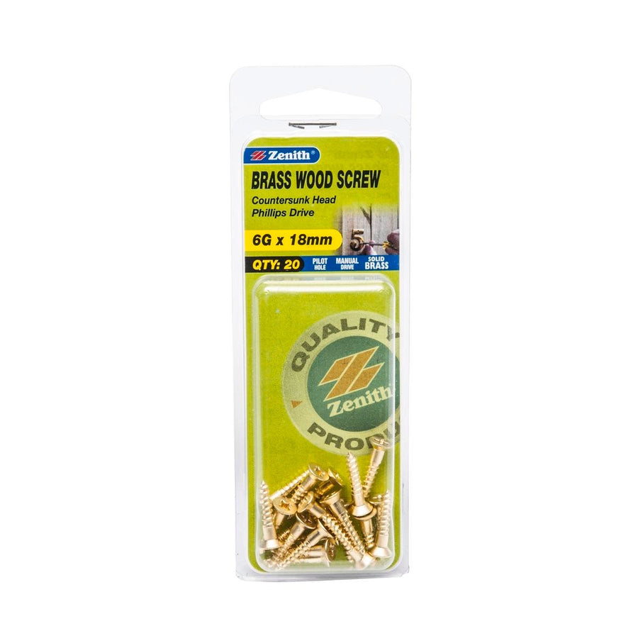 Zenith 6G x 18mm Solid Brass Countersunk Head Wood Screws – 20 Pack - SuperSaverAU - view 1