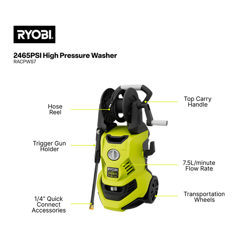 Ryobi 2465 PSI High Pressure Washer 7L/min with Integrated Wheels
