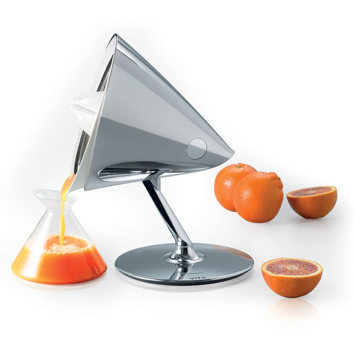 Bugatti Vita Citrus Juicer - Shiny Chrome, Stainless Steel, Two Juicing Cones, 90RPM - 55-VITACR