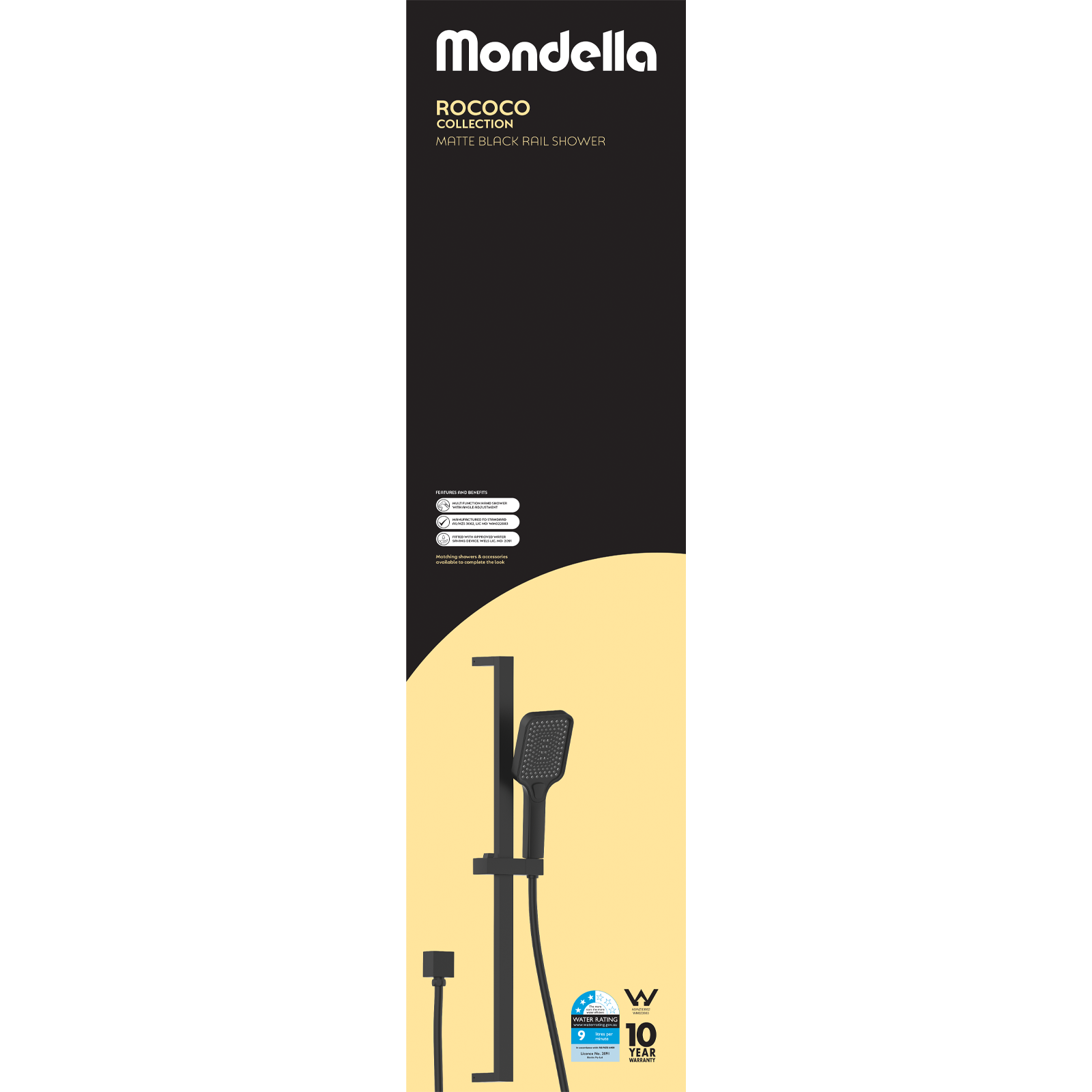 Mondella Matte Black Rococo Multifunction Rail Shower 9L/min WELS 6 Star 4 Spray