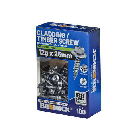 Bremick Hex Cladding Screw 12g x 25mm - 100 Pack - Corrosion Resistant - SuperSaverAU - view 1