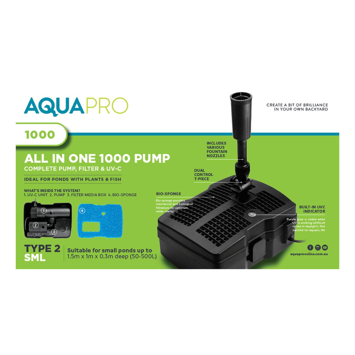 Aquapro 1000 Pump-UVC Filter System-5W-Compact-Easy Maintenance - SuperSaverAU - view 3
