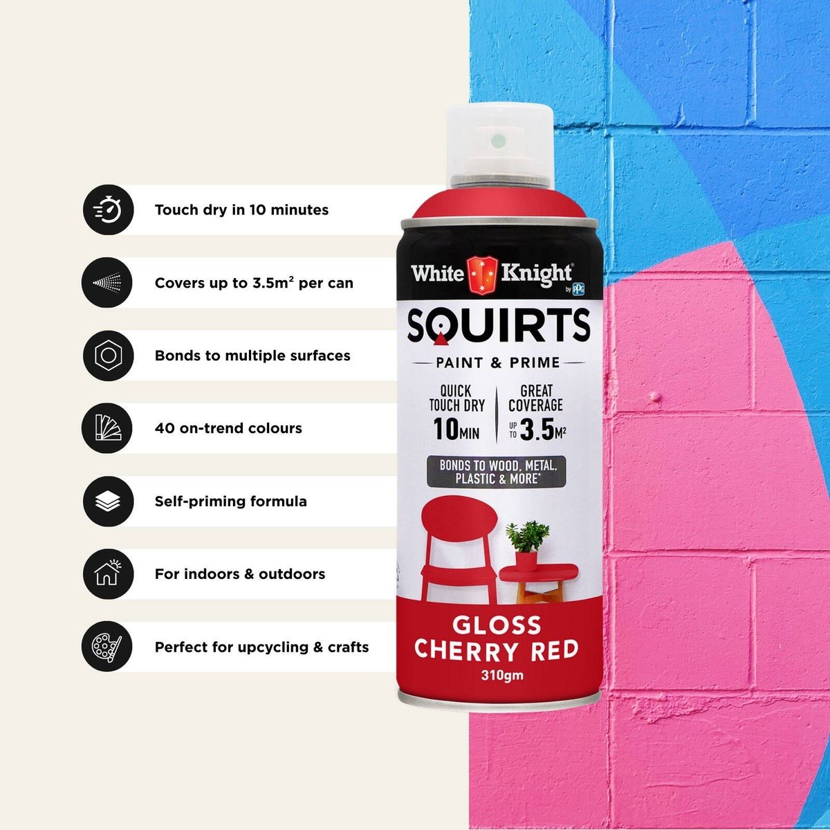White Knight Squirts Cherry Red Gloss Spray Paint 310g Durable Finish - SuperSaverAU - view 5