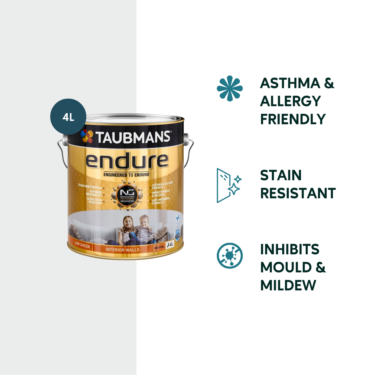 Taubmans 4L Neutral Low Sheen Endure Interior Walls Paint - Stain Resistant - Low Odour - SuperSaverAU - view 2