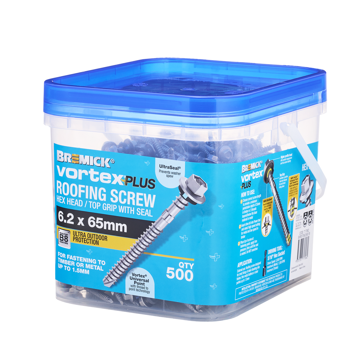 Bremick Vortex Plus Roofing Screw 6.2 x 65mm Hex B8 - Box of 500 - Vortex Point - Watertight Seal - SuperSaverAU - view 1
