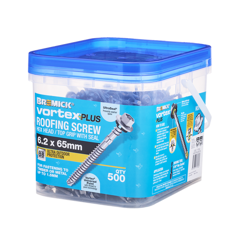 Bremick Vortex Plus Roofing Screw 6.2 x 65mm Hex B8 - Box of 500 - Vortex Point - Watertight Seal - SuperSaverAU - view 1