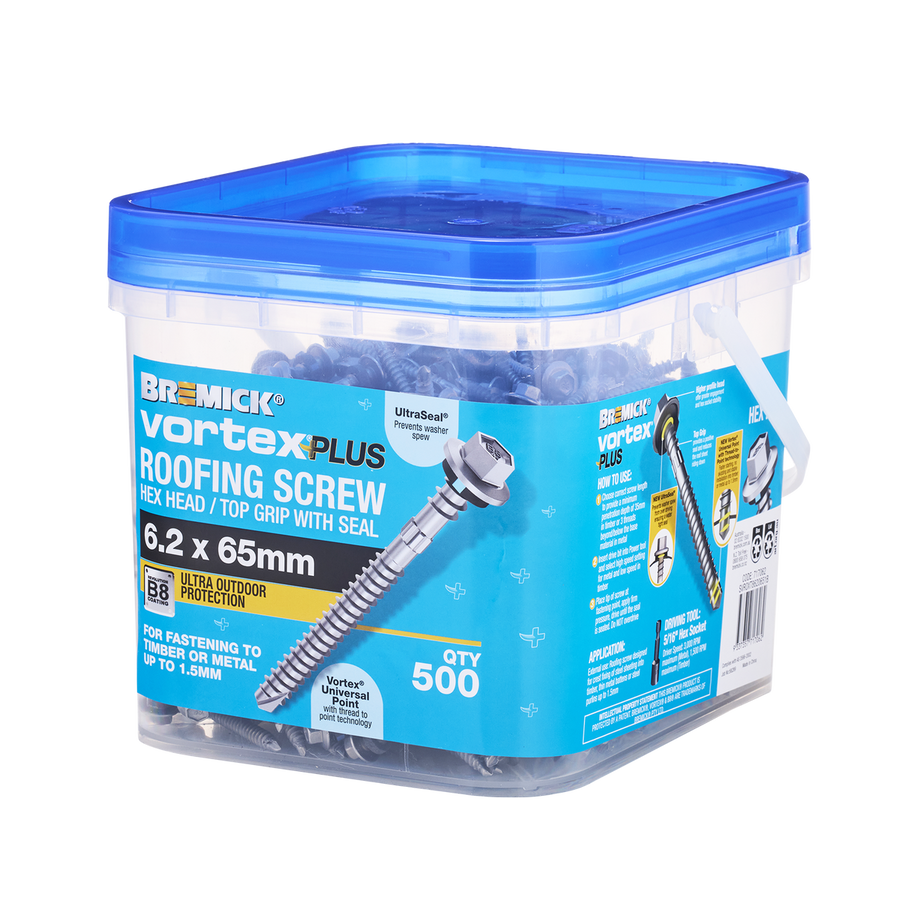 Bremick Vortex Plus Roofing Screw 6.2 x 65mm Hex B8 - Box of 500 - Vortex Point - Watertight Seal - SuperSaverAU - view 1