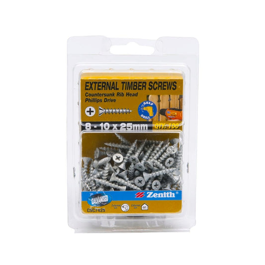 Zenith Timber Screws - 10 x 25mm - Galvanised - Countersunk Ribbed - 100 Pack