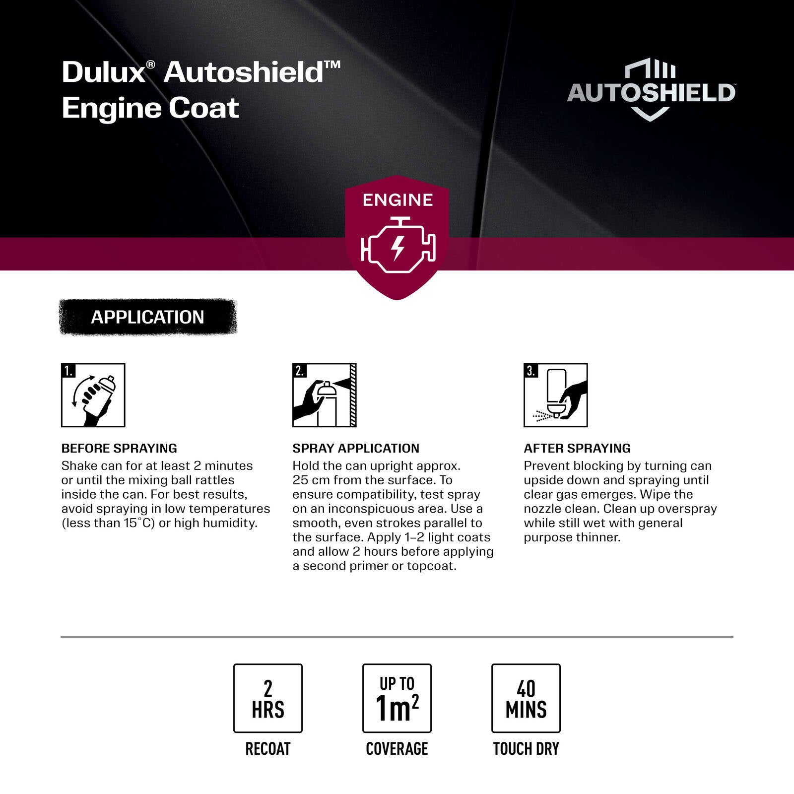 Dulux Autoshield 340g Satin Black Engine Coat Spray Paint, Heat-Resistant Satin Black Finish