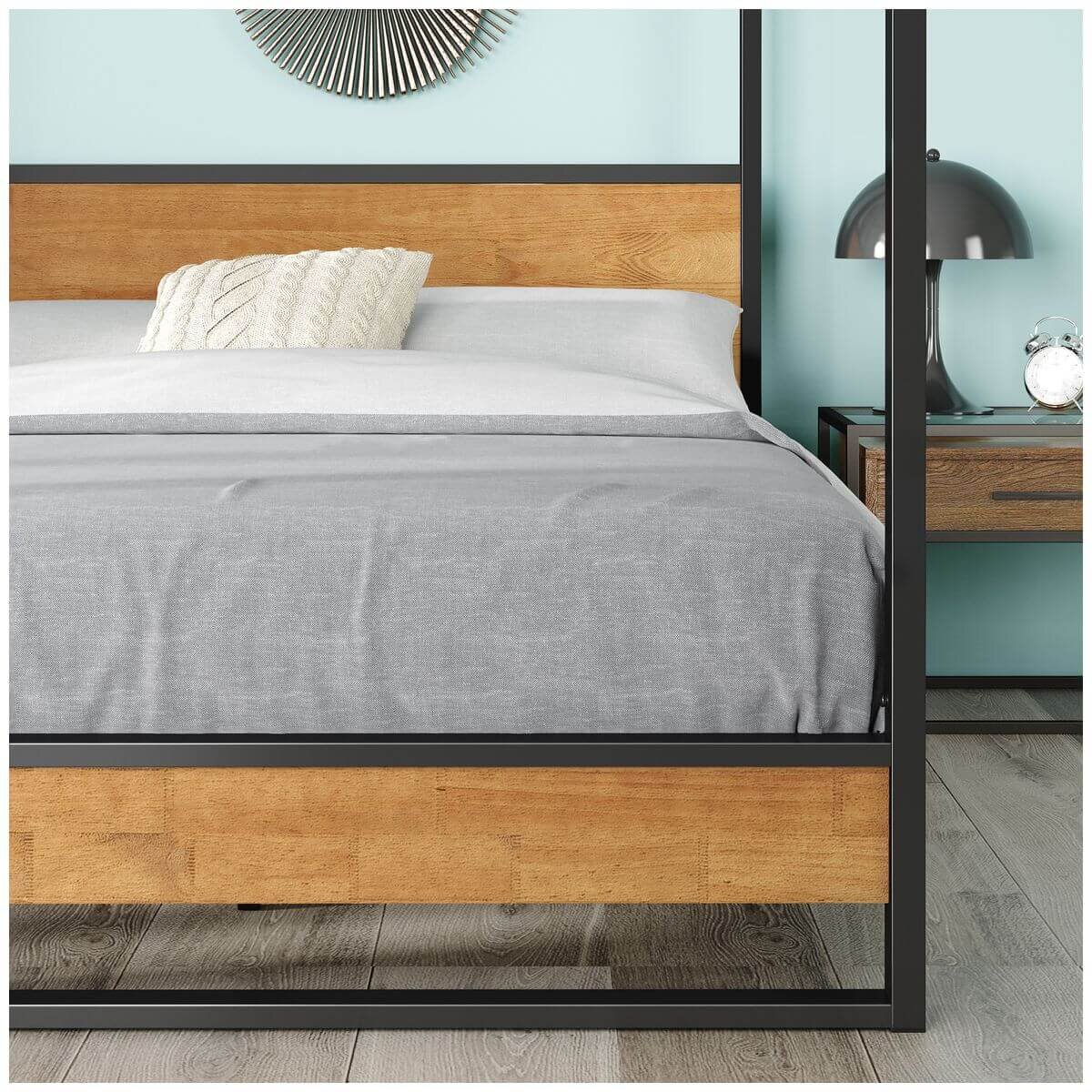 Zinus Ironline Queen canopy bed frame - black steel with wood accents, non-slip slats - AU-IRPBHC-14Q