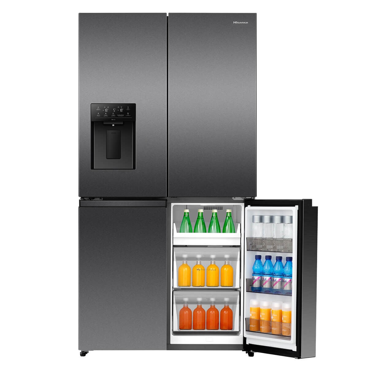 Hisense 640L Quad Door Fridge - Dark Stainless Steel - Non-Plumbed Ice and Water Dispenser - HRCD640TBW