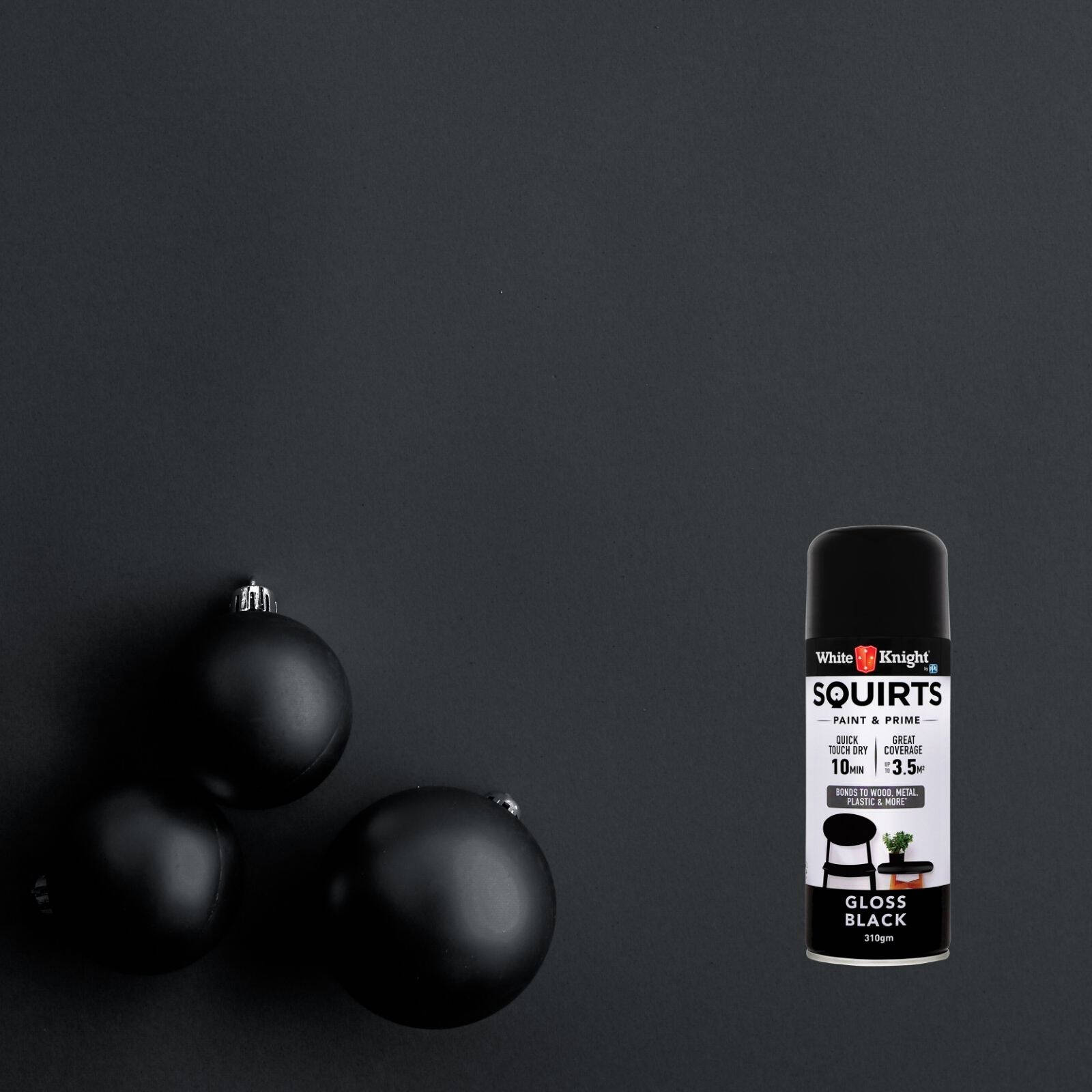 White Knight Squirts Black Gloss Spray Paint 310g - Solvent-Based Paint & Primer, Waterproof