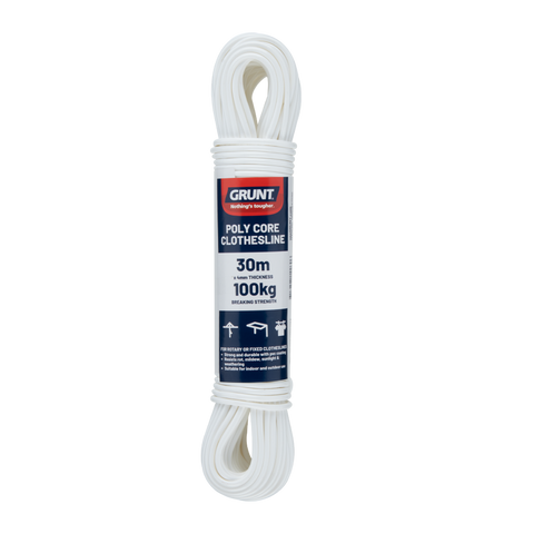 Grunt 4mm x 30m White Poly Core Clothesline Wire, PVC Coated, 100kg Break Strength, Weather Resistant