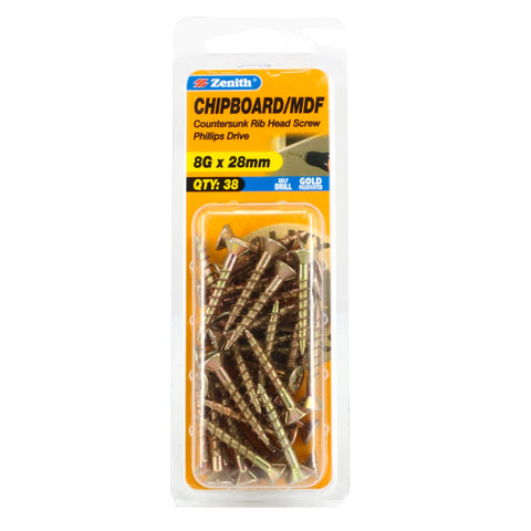 Zenith 8G x 28mm Gold Passivated Countersunk Rib Head Chipboard Screws 38 Pack
