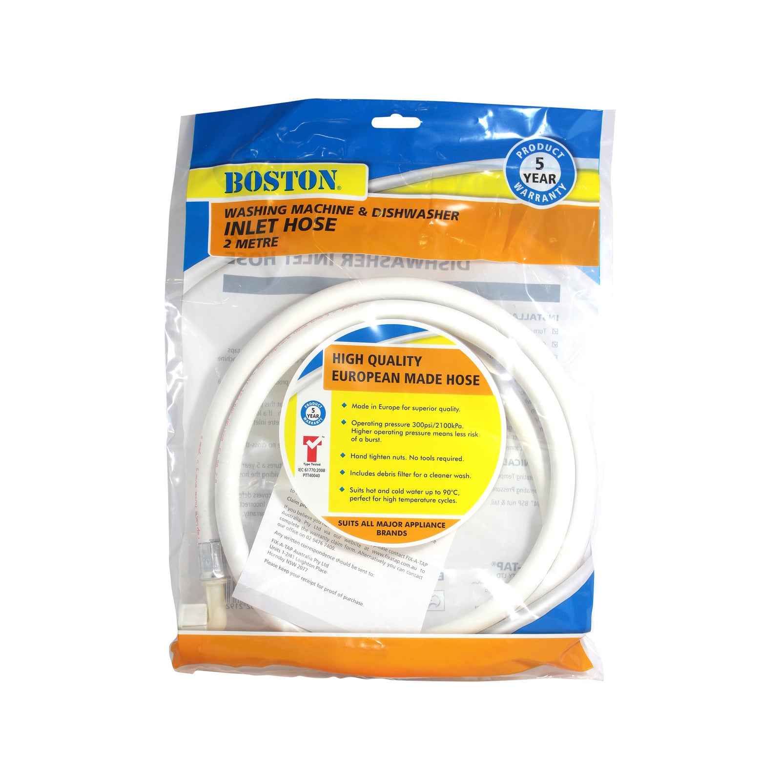 BOSTON 2m Double Ended Washing Machine and Dishwasher Inlet Hose White PVC Braided