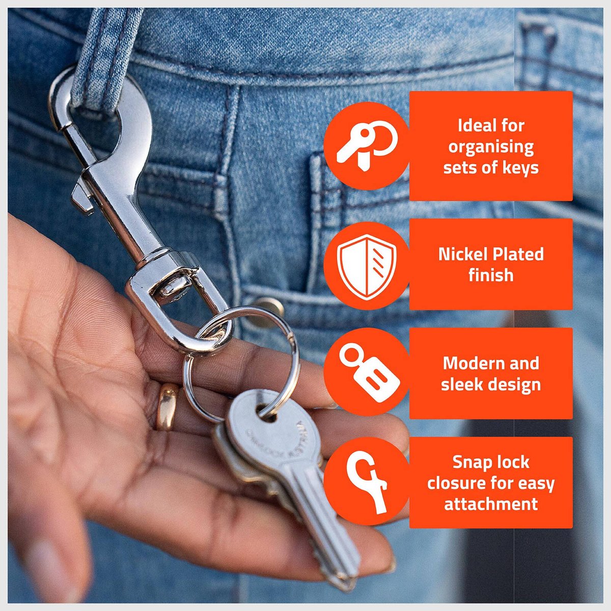 Taskmaster Nickel Plated Snap Hook with Key Ring - 81x12mm - 4 Pack - Durable - SuperSaverAU - view 3