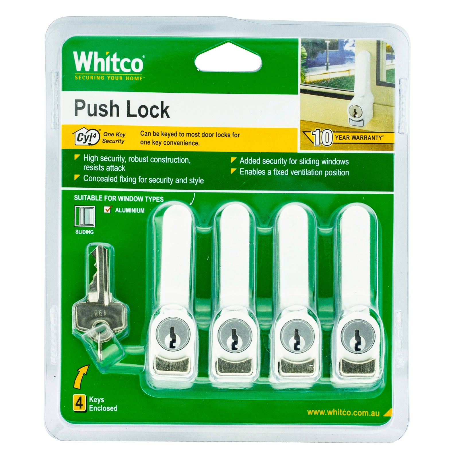 Whitco 4 Pack Sliding Window Push Lock - White Powdercoat Zinc