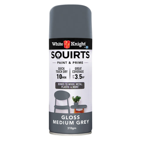 White Knight Squirts Medium Grey Gloss Spray Paint 310g - Solvent-Based, UV Resistant
