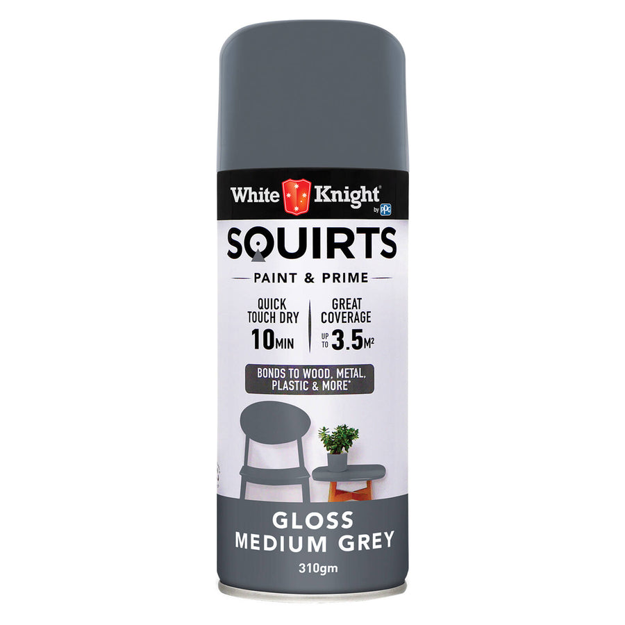 White Knight Squirts Medium Grey Gloss Spray Paint 310g - Solvent-Based, UV Resistant