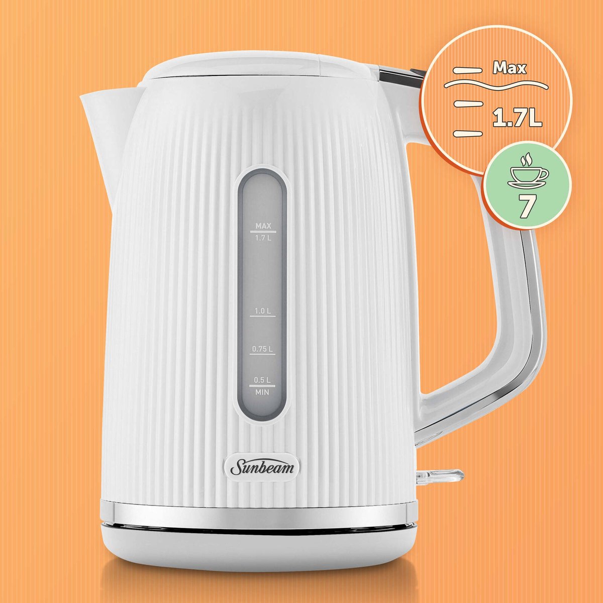 Sunbeam 1.7L White Brightside Kettle - Cordless - Auto Shut Off - 2400W