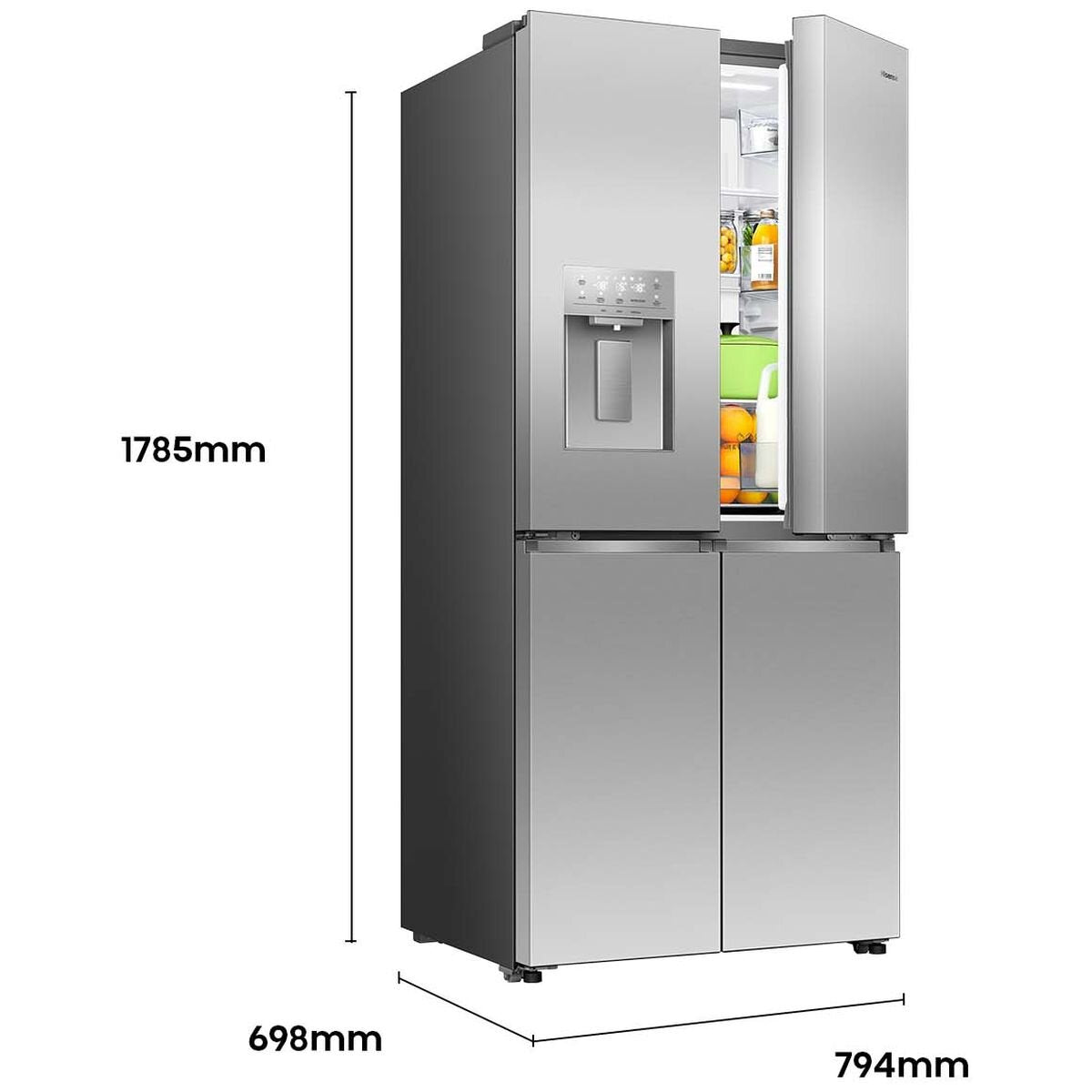 Hisense 483L PureFlat French Door Fridge - Stainless Steel - Non-Plumbed Ice and Water - HRCD483TSW