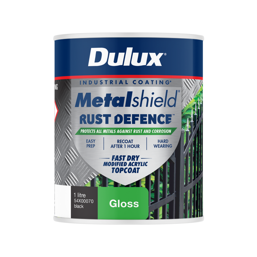 Dulux Metalshield Rust Defence - 1L Black Gloss - Fast-Drying Acrylic Topcoat - SuperSaverAU - view 1