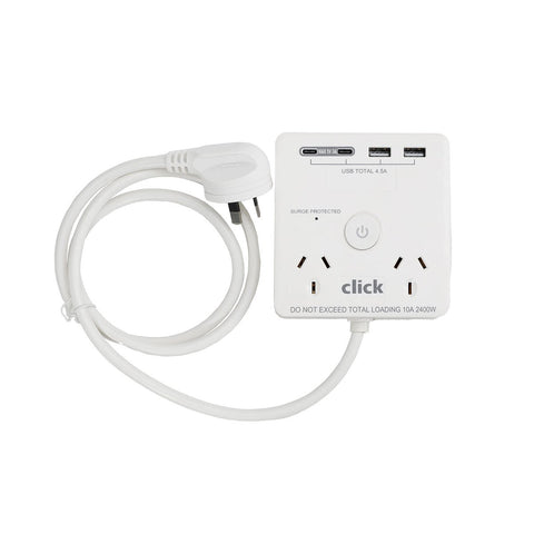 Click 2 Outlet Power Board with USB Charger - 2 Power Outlets - 4 USB Ports - Surge Protection - 104mm x 28mm x 97mm - SuperSaverAU - view 2