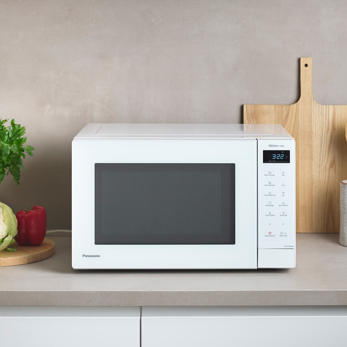 Panasonic 32L 1100W Inverter Microwave - White Glass Finish, 20 Auto Menus, Genius Sensor - NN-ST64QWQPQ