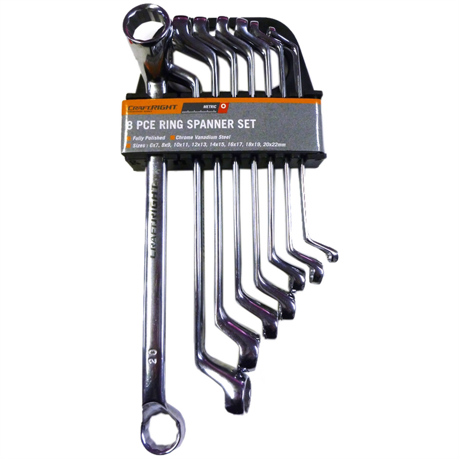 Craftright 8 Piece Ring Spanner Set 6x7mm to 20x22mm - Chrome - SuperSaverAU - view 1