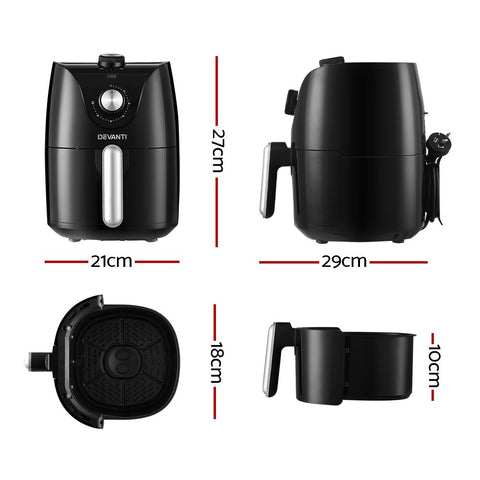 Devanti 2.5L Air Fryer with Knob Control - Black & Silver