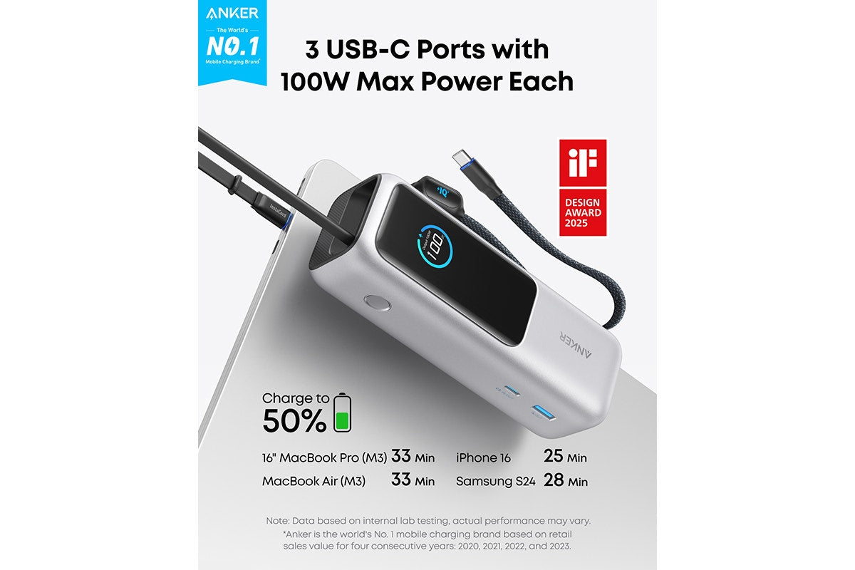 Anker 25K 165W Power Bank with Built-in Retractable Cables (Silver)