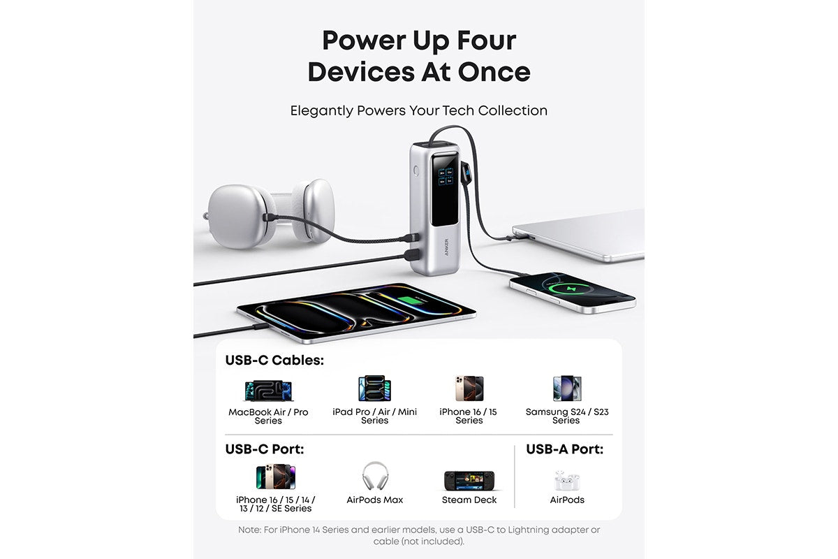 Anker 25K 165W Power Bank with Built-in Retractable Cables (Silver)