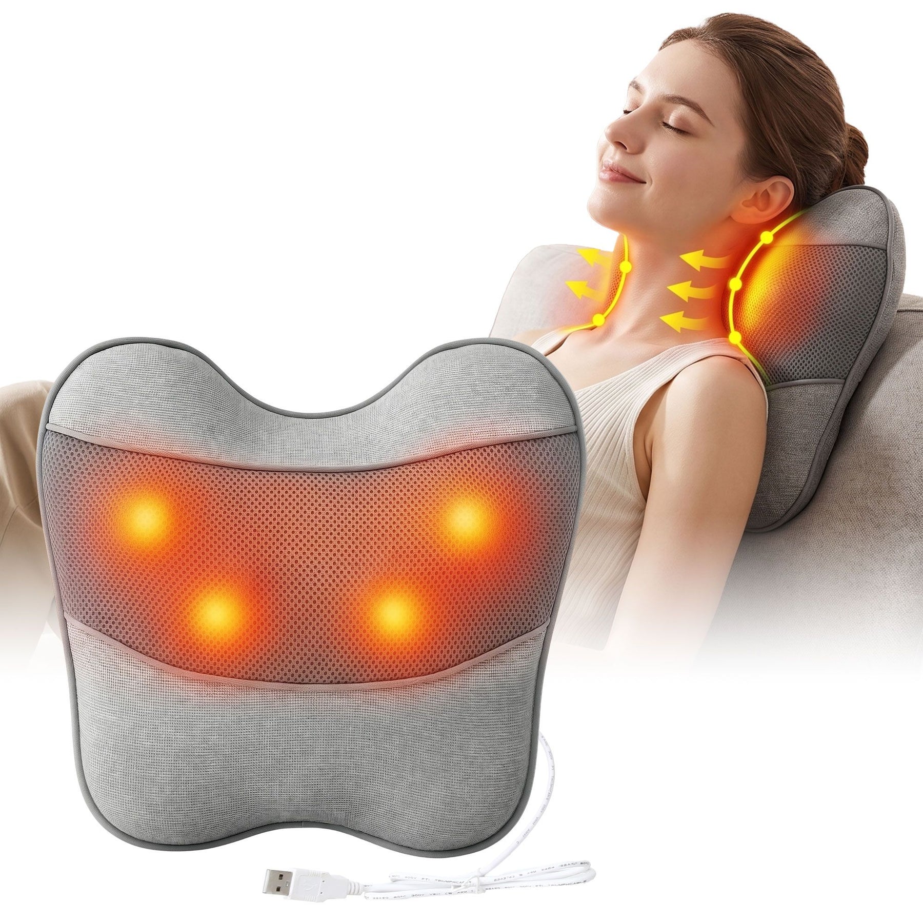 Livemor USB Heated Back Massage Pillow Grey for Neck Back Legs and Lumbar Support