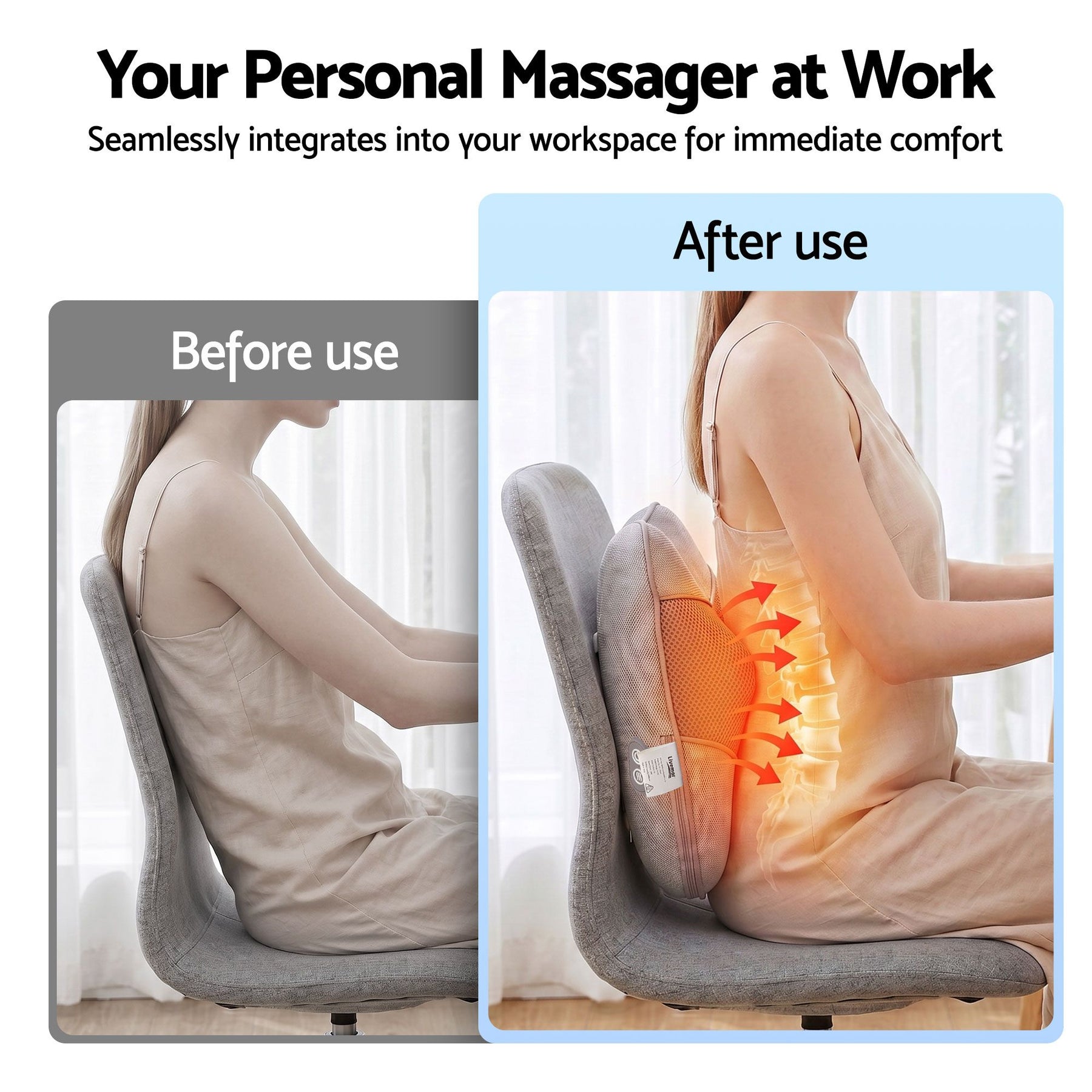 Livemor USB Heated Back Massage Pillow Grey for Neck Back Legs and Lumbar Support