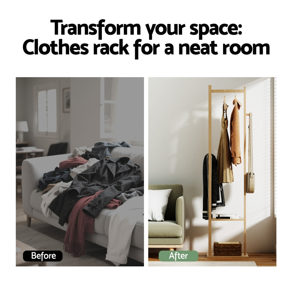 Artiss Bamboo Clothes Rack Airer Coat Stand with Hanging Rail and Shelf