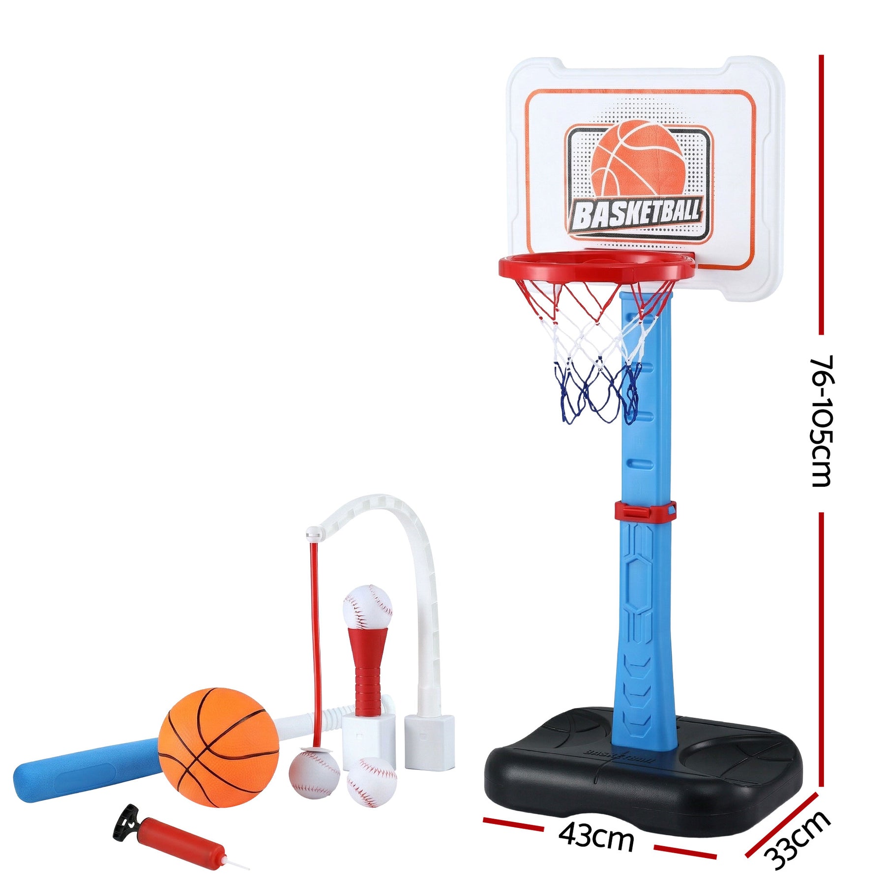 Keezi Kids Basketball Hoop Stand Baseball Set Adjustable Height Sports Toys Blue - SuperSaverAU - view 2