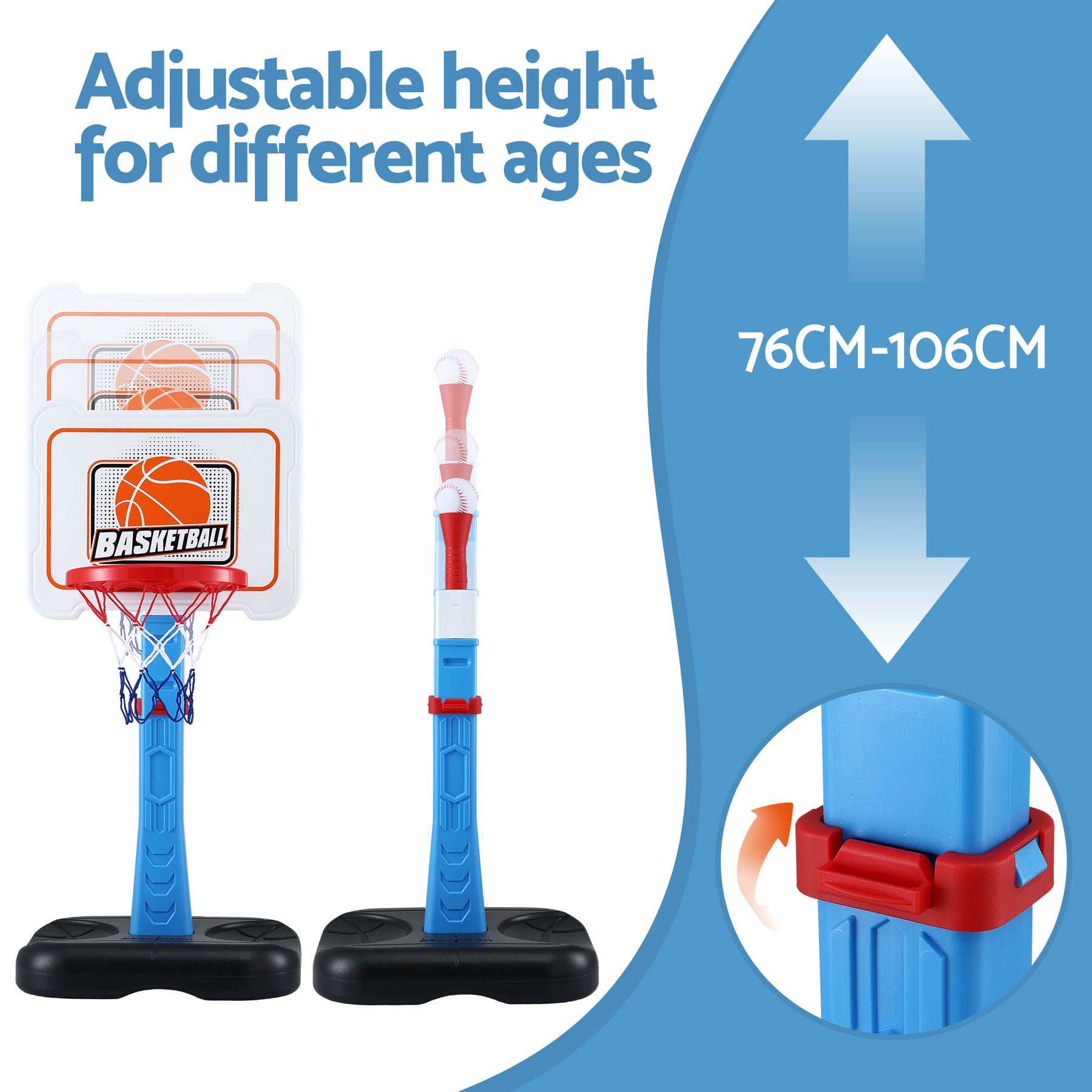 Keezi Kids Basketball Hoop Stand Baseball Set Adjustable Height Sports Toys Blue - SuperSaverAU - view 7