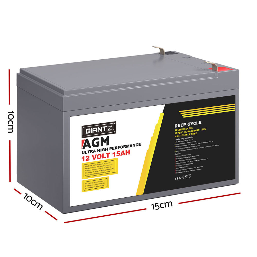 Giantz 12V 15Ah Deep Cycle AGM Battery - Portable, Maintenance-Free, 1400 Cycles