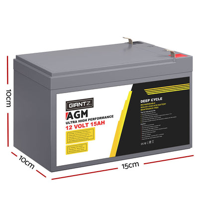 Giantz 12V 15Ah Deep Cycle AGM Battery - Portable, Maintenance-Free, 1400 Cycles